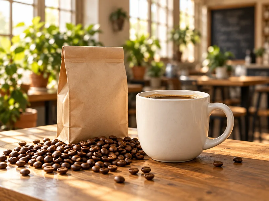 Coffee mug, beans, and a Sunday Coffee bag on a warm wooden table