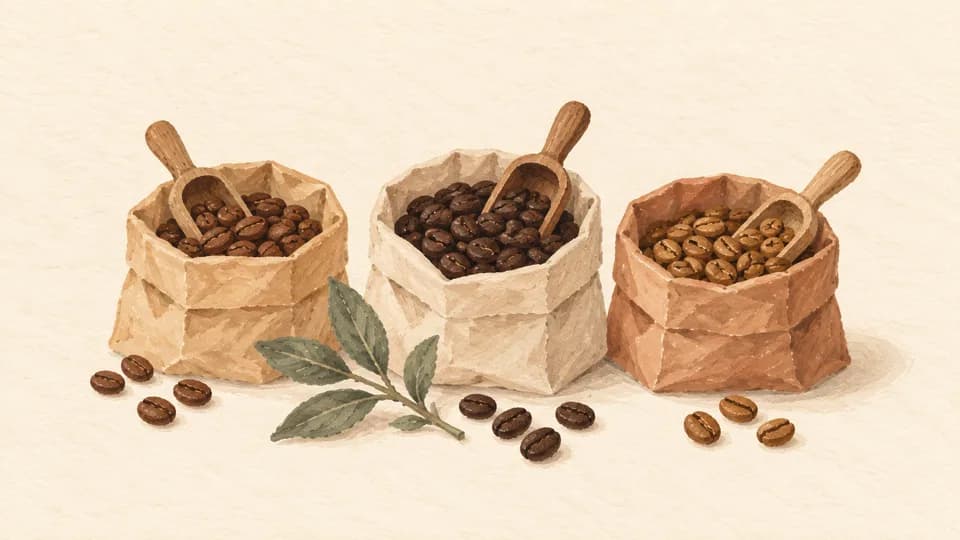 Painted paper bags of coffee beans with wooden scoops in the Sunday Coffee style