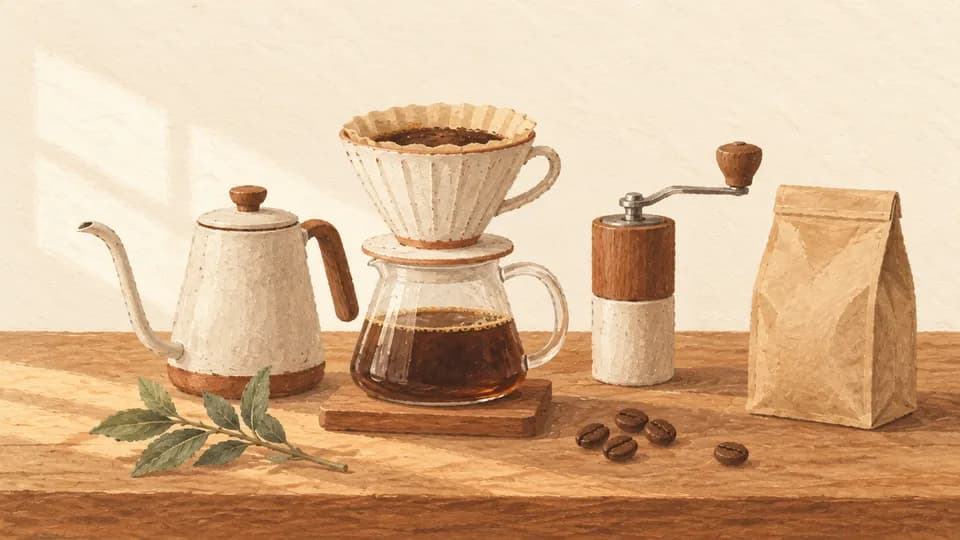 Painted pour-over coffee set on a wooden table in the Sunday Coffee style