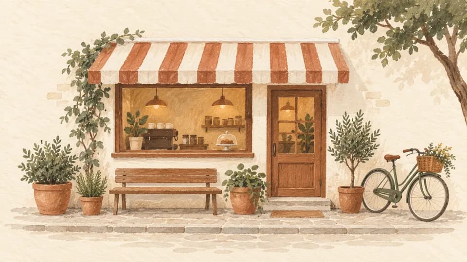 Painted café front with a striped awning, bench, and bicycle in the Sunday Coffee style