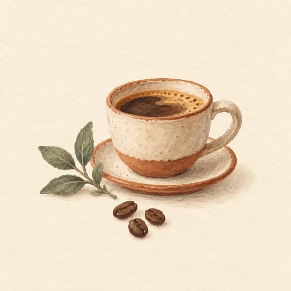 Sunday Coffee style reference: a painted ceramic cup with coffee beans and leaves