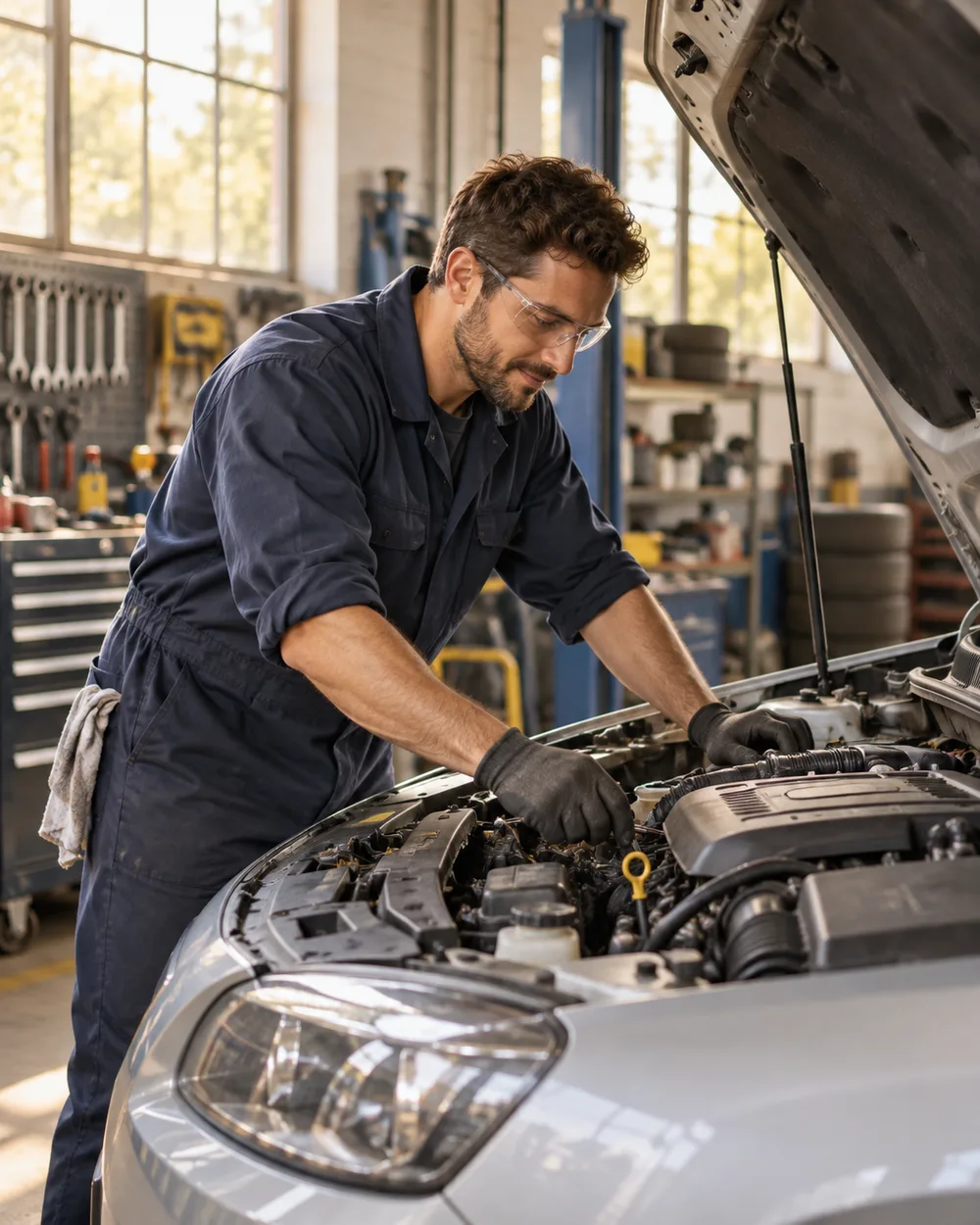 Illustration of a mechanic inspecting a car engine in an independent repair garage